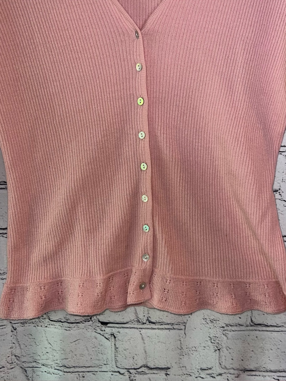 New York & Co. Pink Ribbed Lightweight Cardigan Sweater Flared Sleeves Coquette - Picture 3 of 5